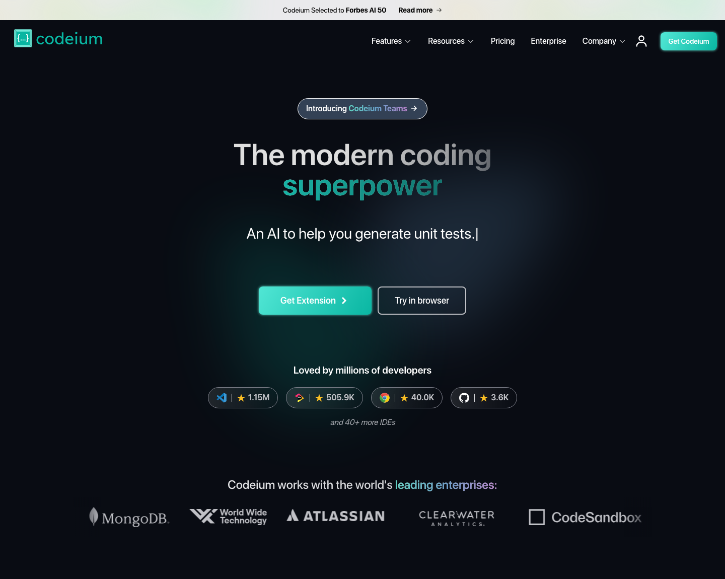 Codeium homepage June 2024: loved by millions of developers, 1.15M VS Code installs, enterprise logos including MongoDB and Atlassian, Forbes AI 50 banner